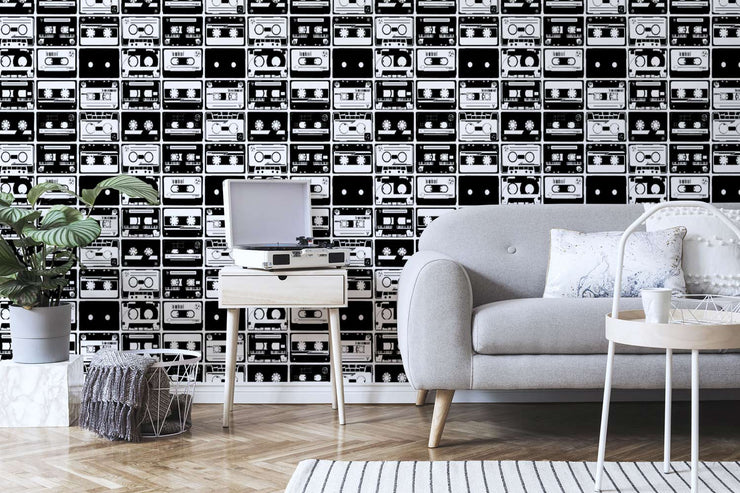 Papier Peint Cassettes en Noir et Blanc