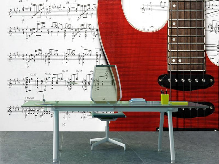 Red electric guitar and music sheet Wall Mural-Arts-Eazywallz