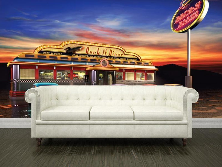 Retro american diner at dusk Wall Mural-Vintage-Eazywallz