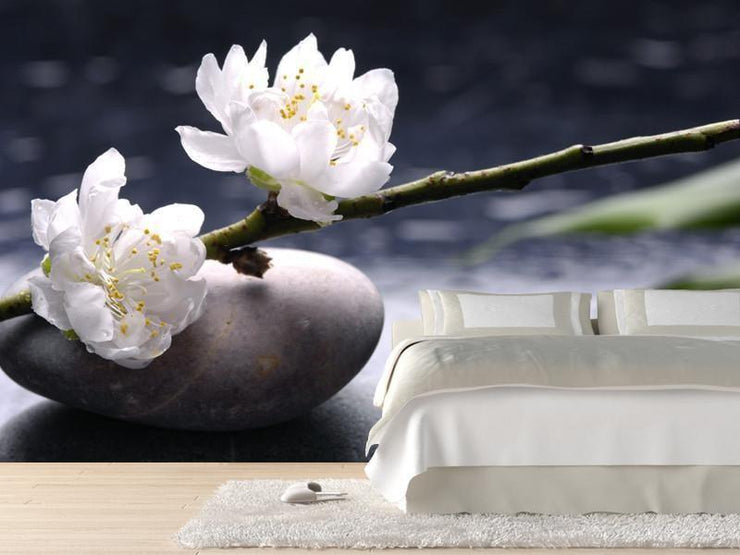 Stacked stones and white flower Wall Mural-Zen,Featured Category of the Month-Eazywallz