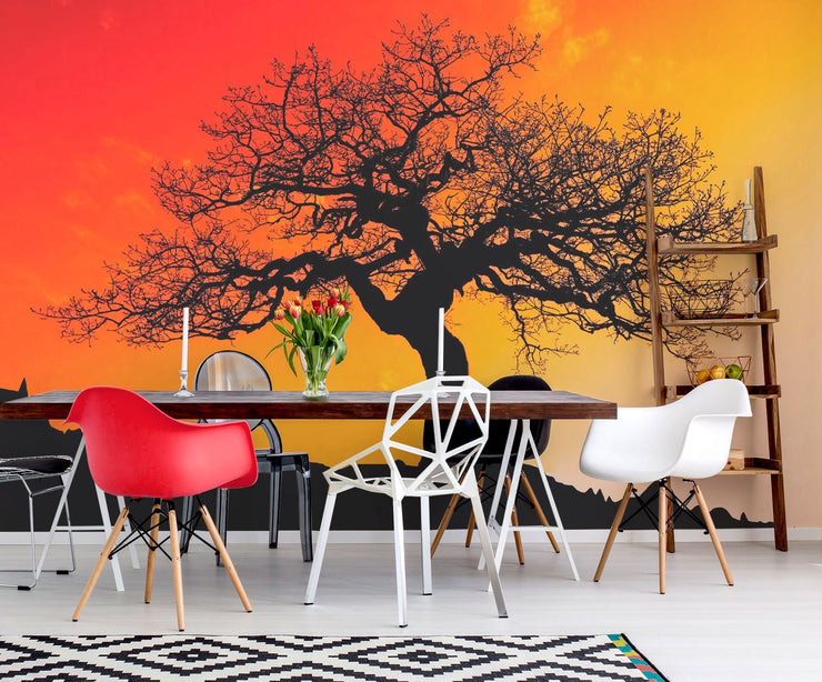 Tree Under Sunset Wall Mural-Landscapes & Nature-Eazywallz