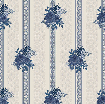 Antique Blue Floral Stripes Panel