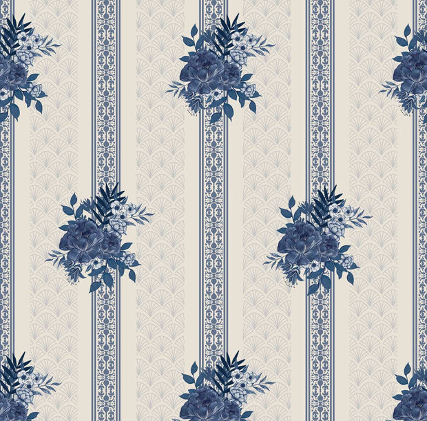 Antique Blue Floral Stripes Wallpaper