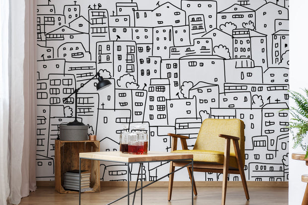 Black and White City Sketch Wallpaper Mural