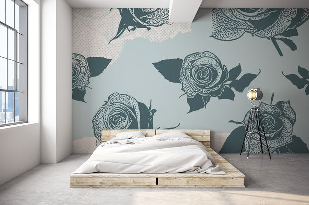 Blue Roses Pattern Wall Mural