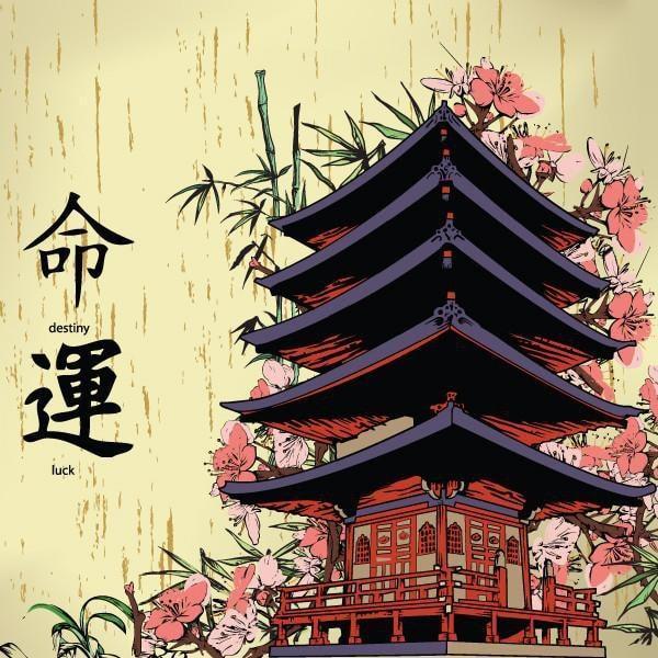 Japanese Temple and Kanji Wall Mural-Buildings & Landmarks,Zen,Modern Graphics-Eazywallz