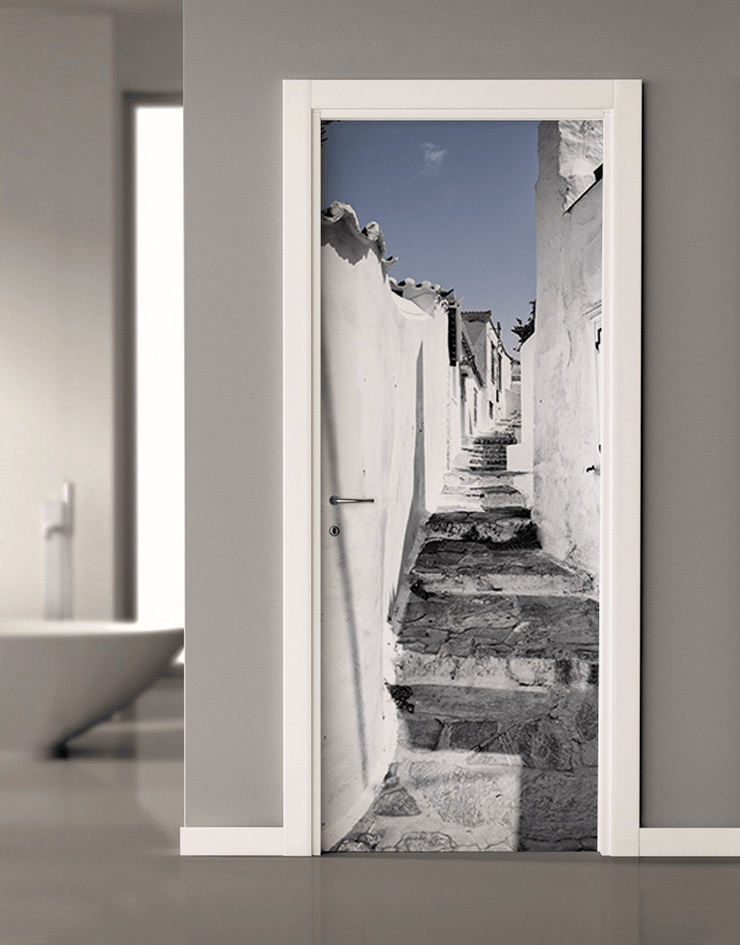 Street in Greece Door Mural-Black & White,Buildings & Landmarks-Eazywallz