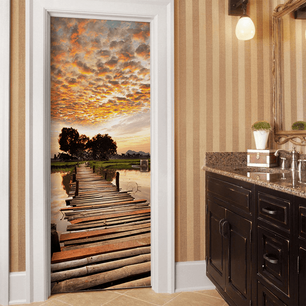 Sunset on Wood Bridge Door Mural-Urban,Vintage-Eazywallz