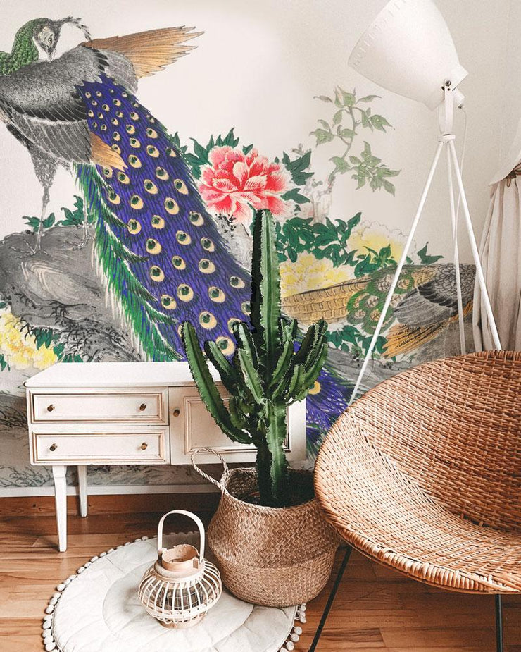 Vintage Peacock and Peony Wallpaper Mural-Landscapes & Nature-Eazywallz