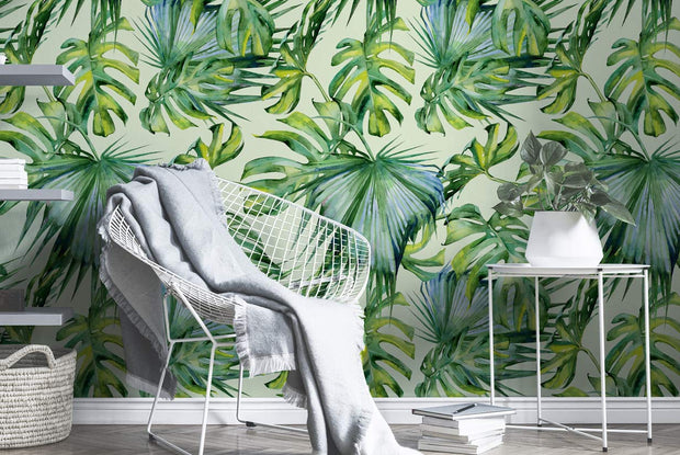 Watercolour green tropical jungle leaf wallpaper roll