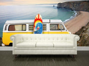 Yellow van with a surf board at the beach Wall Mural-Landscapes & Nature,Sports-Eazywallz