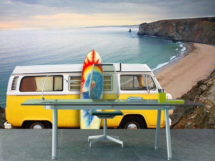 Yellow van with a surf board at the beach Wall Mural-Landscapes & Nature,Sports-Eazywallz